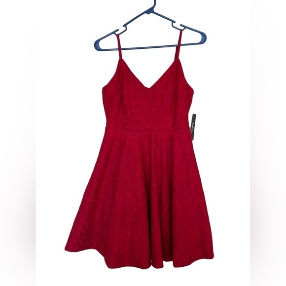 Lulus Way with Words Berry Red Floral Lace Skater Dress Full Skirt Fitted Waist - Picture 9 of 14